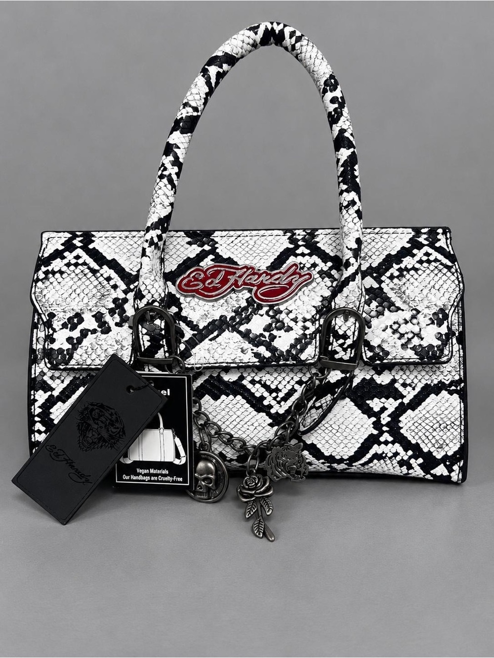 Ed Hardy Black White Snake Print Satchel Top Handle Detachable